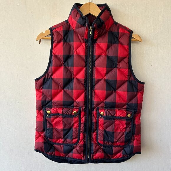 J. Crew Puffer Vest Womens Small Red Navy Pockets Full Zip Pockets Down Filled - Picture 1 of 6